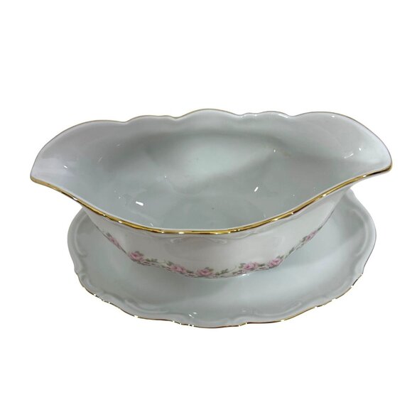 Lady Beatrice Gravy Boat Germany White Pink Roses Daisies Gold Trim Porcelain - Picture 2 of 16